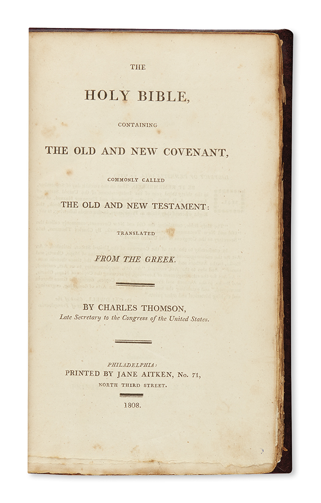 (BIBLE IN ENGLISH.) Thomson, Charles; translator. The Holy Bible, Containing the Old and New Covenant.